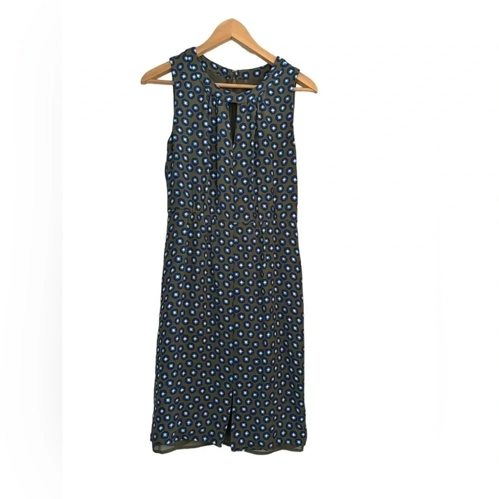 J.Crew Tuscan Keyhole Sheath Dress Sz 2 Olive Green Blue Geometric Lined Career